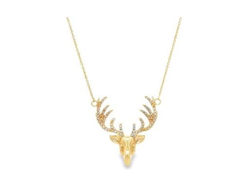 18K Yellow Gold Deer Head Pendant Necklace with Simulated Stones